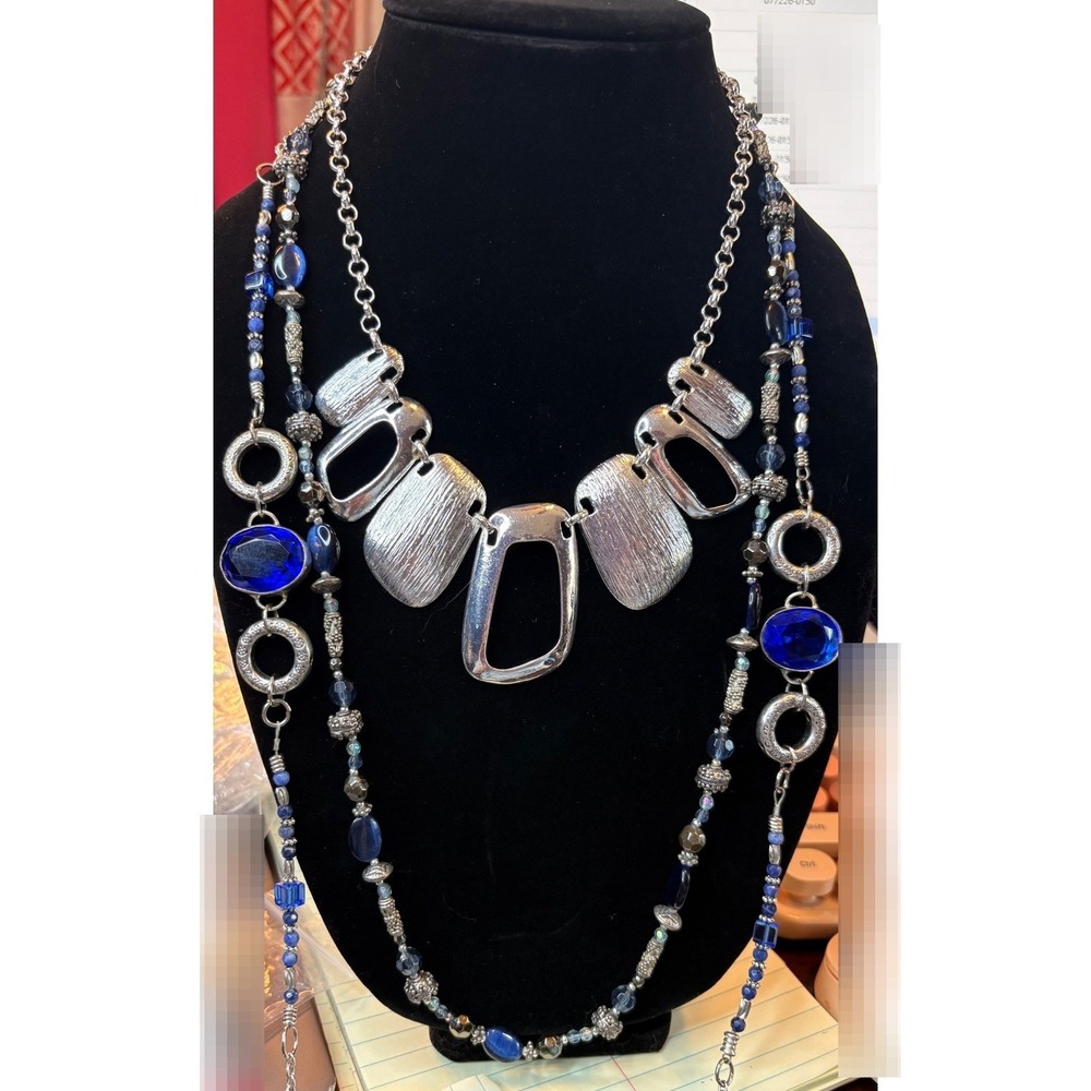 3 piece bundle Silver Tone Blue Beaded Multi Strand Necklaces Layered Boho